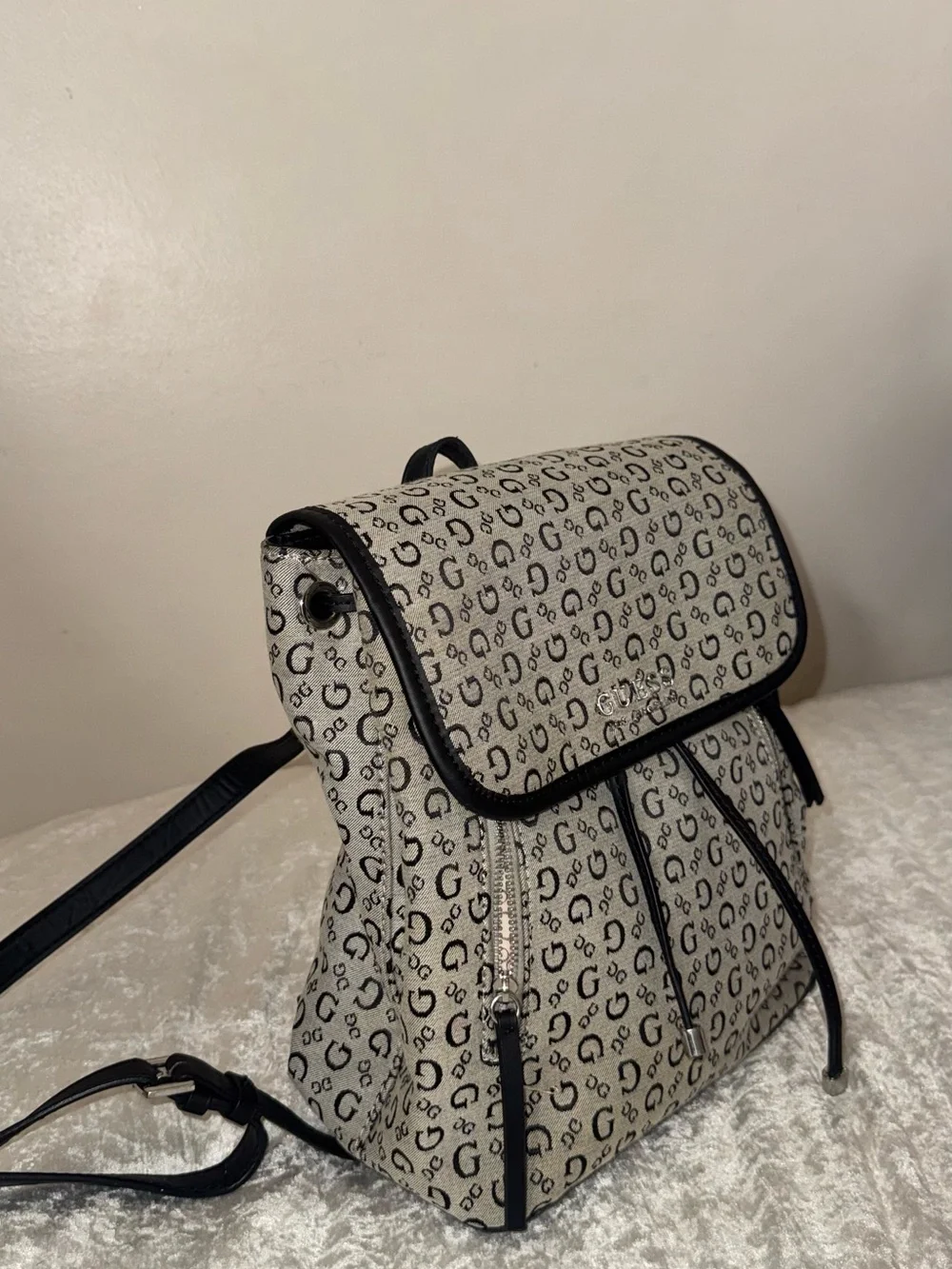 G by Guess Beige Monogram Convertible Backpack with Black Trim